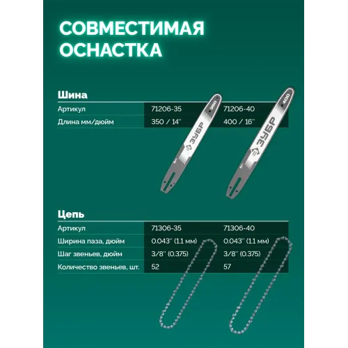 ЗУБР 40 В, (2x20В), 400 мм шина (Тип 6), 2 АКБ LMS (4 Ач), пила цепная аккумуляторная (ПЦБ-4040-42)