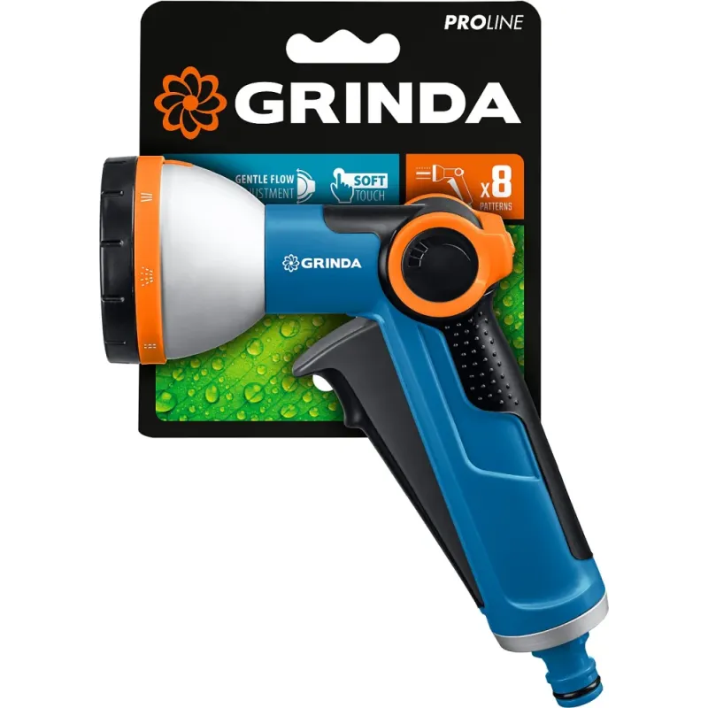 GRINDA X-8, с регулятором напора, 8 режимов, курок спереди, двухкомпонентный, поливочный пистолет, PROLine (8-427145)