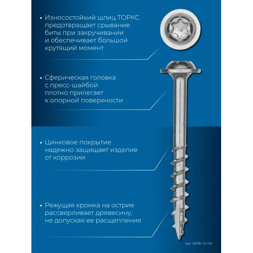ЗУБР 51 х 4.2 мм, редкая резьба, ТХ20, цинк, 200 шт, саморез для глухих отверстий, Профессионал (30081-42-051)