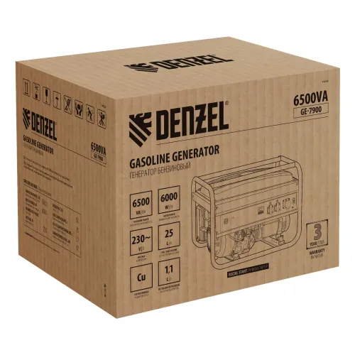 Генератор бензиновый GE-7900, 6,5 кВт, 220В/50Гц, 25 л, ручной старт Denzel