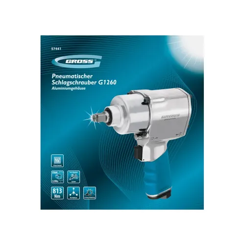 Гайковёрт пневматический ударный G1260,1/2",Twin Hammer, 813Нм, 7000 об/мин Gross