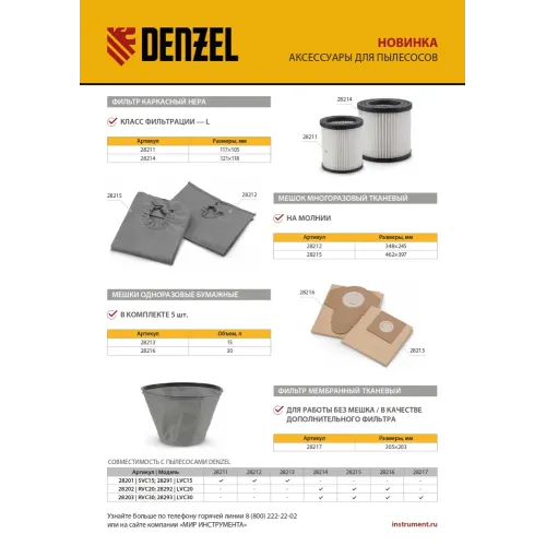 Комплект мешков одноразовых для пылесосов Denzel RVC20, RVC30, 5 шт. Denzel