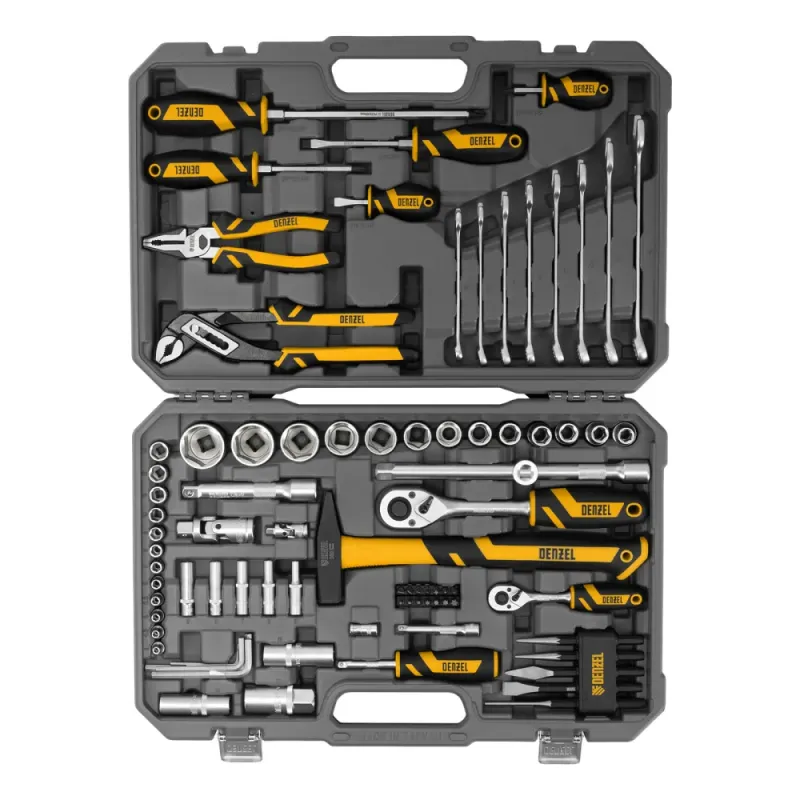 Набор инструментов, 1/2", 1/4", CrV, S2, пластиковый кейс, 84 предмета Denzel