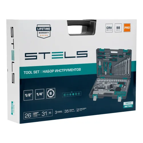 Набор инструментов, 1/2", 1/4", CrV, пластиковый кейс 98 предметов Stels