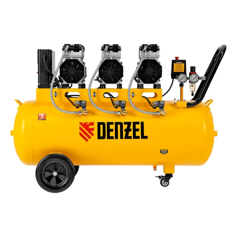Компрессор безмаслянный малошумный DLS 2250/100, 2250 Вт, 3х750, 100 л, 410 л/мин блок упр Denzel