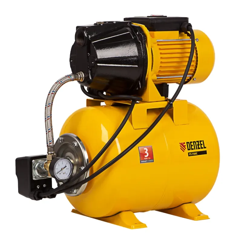 Насосная станция PS-1100С, 1100 Вт, 4500 л/ч, ресивер 24 л, подъем 46 м, чугун Denzel