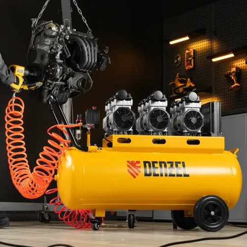 Компрессор безмаслянный малошумный DLS 2250/100, 2250 Вт, 3х750, 100 л, 410 л/мин блок упр Denzel