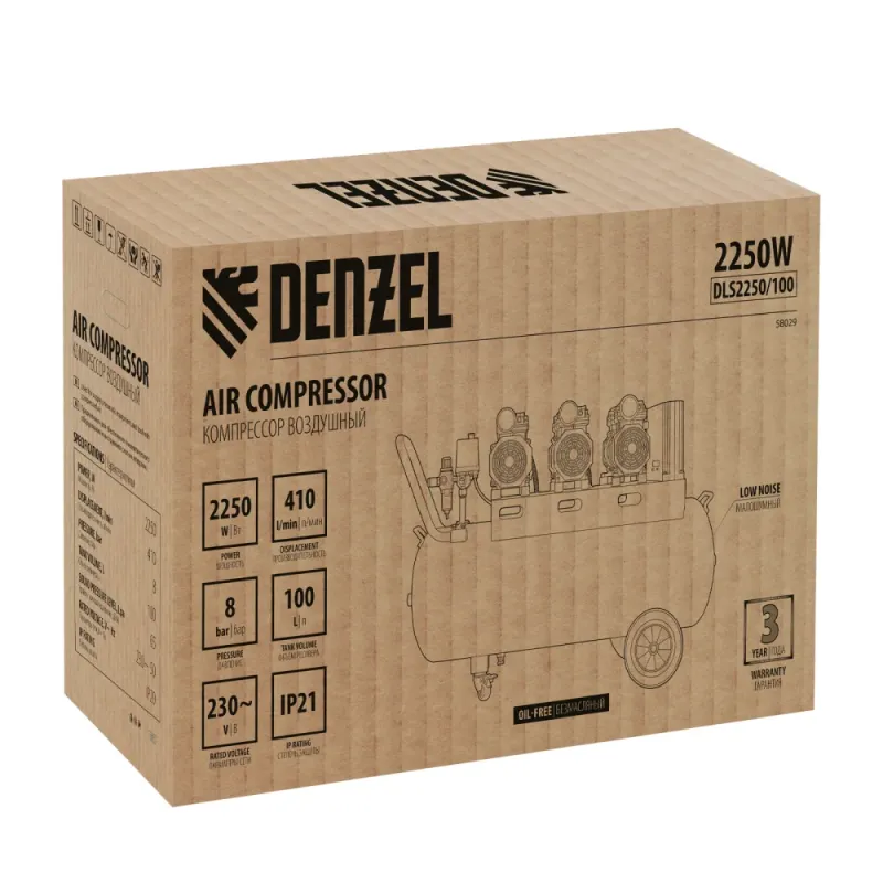 Компрессор безмаслянный малошумный DLS 2250/100, 2250 Вт, 3х750, 100 л, 410 л/мин блок упр Denzel