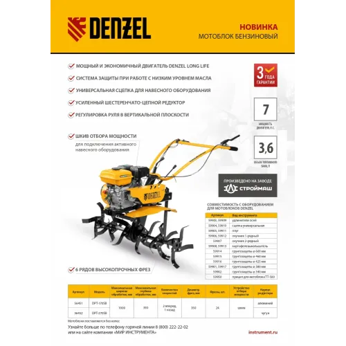 Мотоблок DPT-270SB, 7 л.с., ремен.сцеп, фрез 3х4, ШОМ, без колес, передачи 2В/1Н Denzel