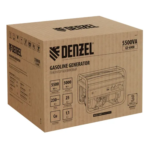 Генератор бензиновый GE-6900, 5,5 кВт, 220В/50Гц, 25 л, ручной старт Denzel