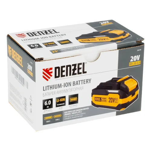 Батарея аккумуляторная BH-20-6.0, Li-Ion, USB, 20 В, 6,0 Ач Denzel