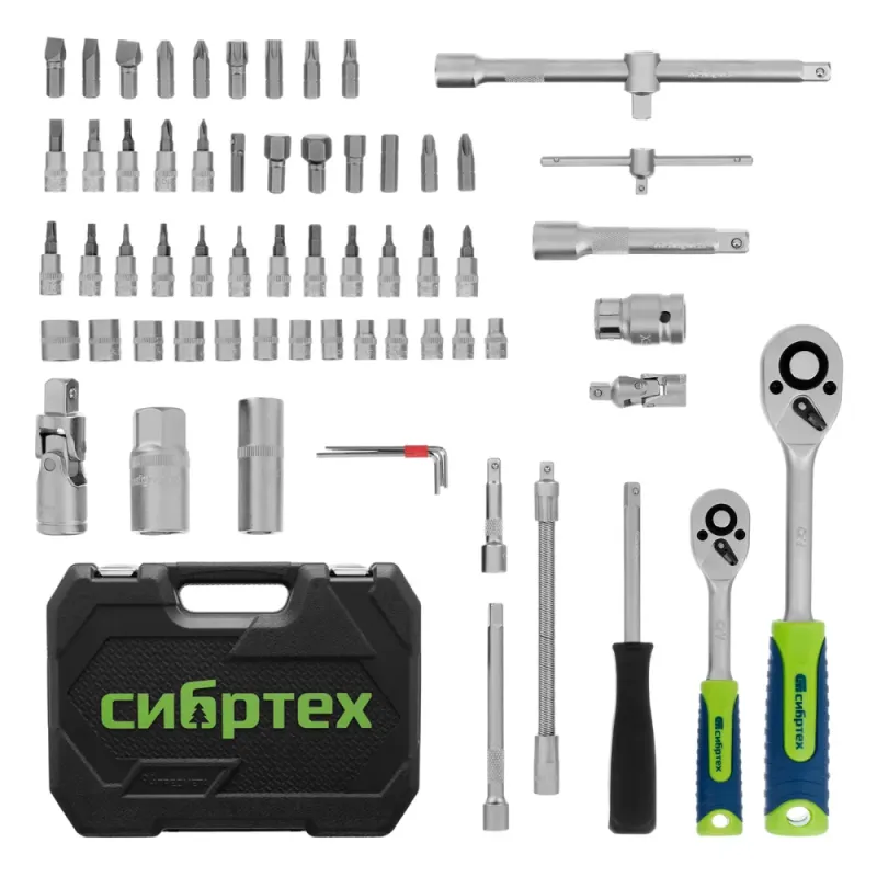 Набор инструментов, 1/2", 1/4", пластиковый кейс, 94 предмета Сибртех