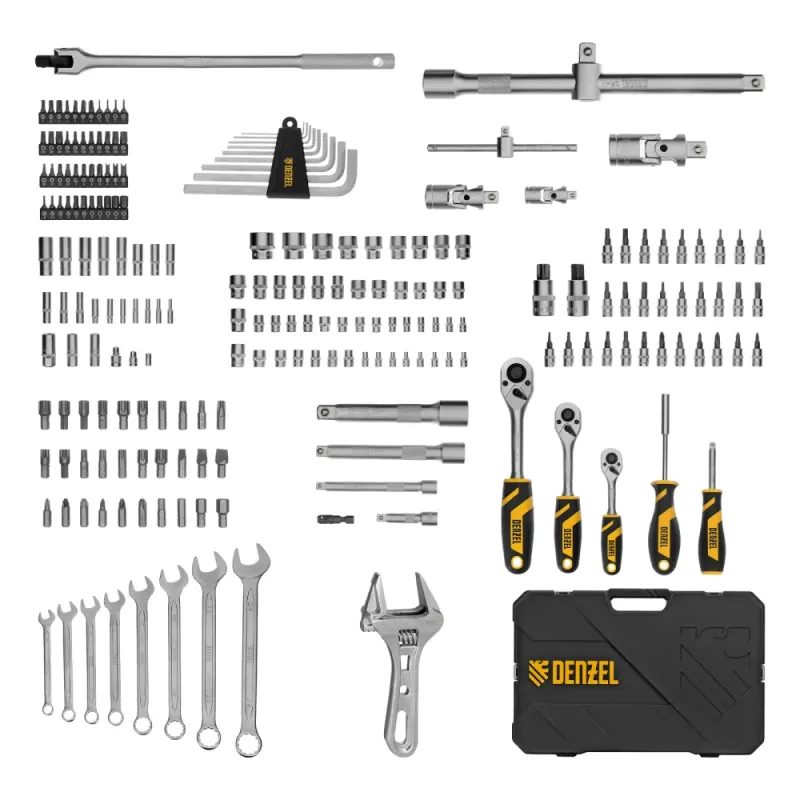 Набор инструментов, 1/2", 1/4", 3/8", CrV, S2, пластиковый кейс, 216 предметов Denzel