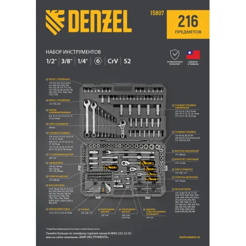 Набор инструментов, 1/2", 1/4", 3/8", CrV, S2, пластиковый кейс, 216 предметов Denzel