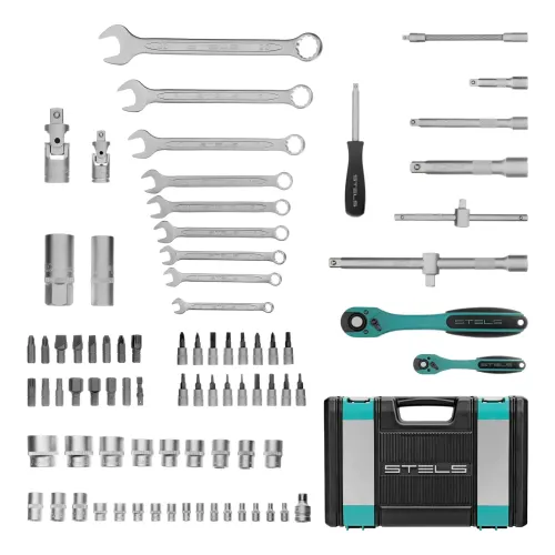 Набор инструментов 1/2", 1/4", CrV, 12 гранные головки, пластиковый кейс, 82 предмета Stels