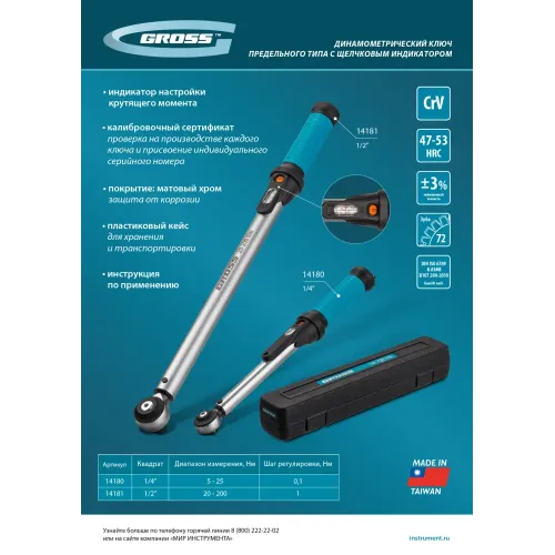 Ключ динамометрический, 20-200 Нм, 1/2", CrV Gross