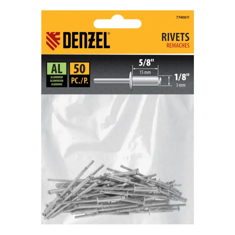 Заклепки алюминиевые, 1/8"-5/8", 3 х 15 мм, 50 шт Denzel